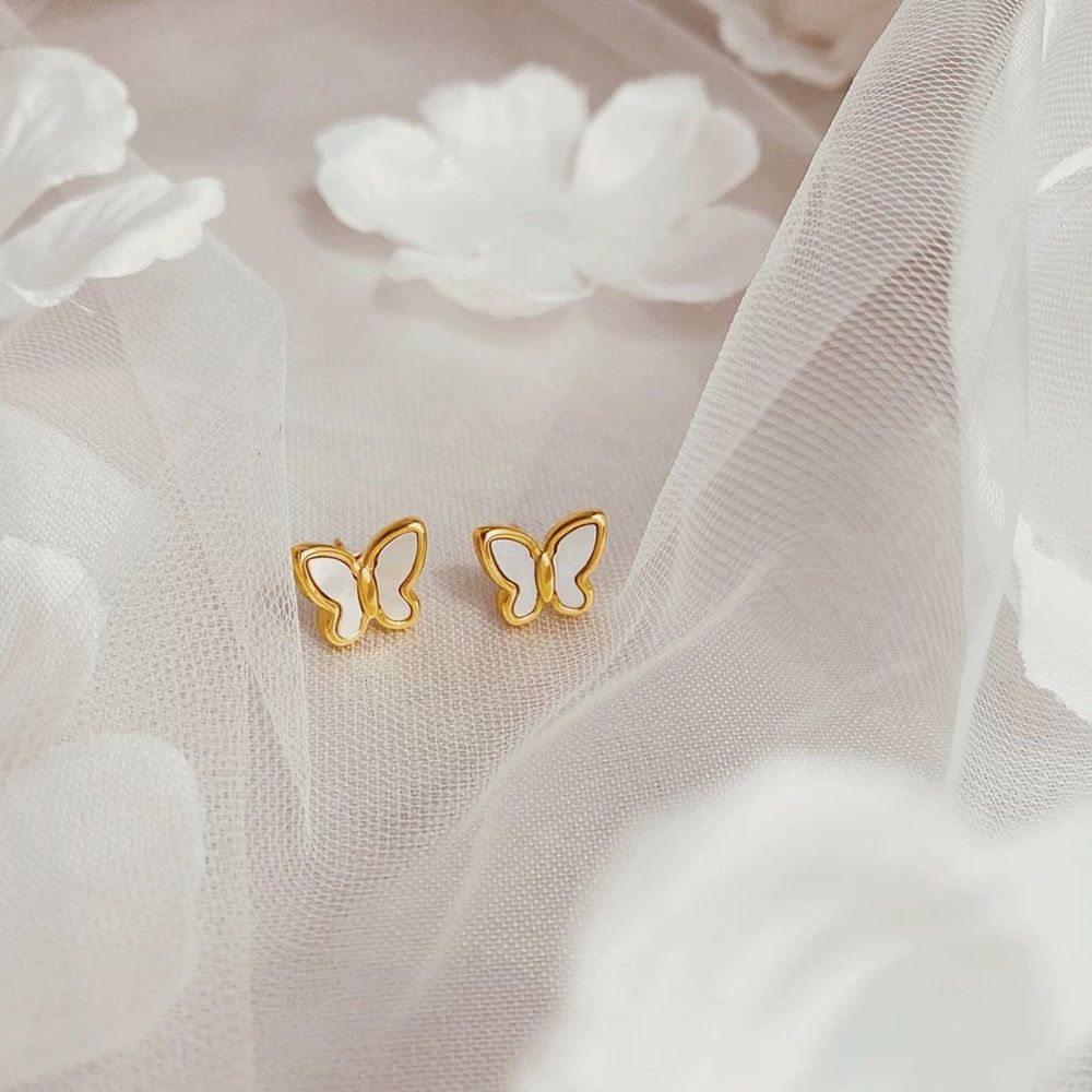 18K Gold Plated Mother of Pearl Butterfly Earrings Studs - Picture 6 of 8